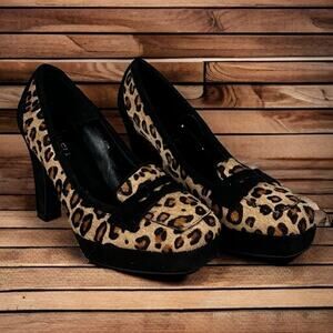 Vaneli Womens 7.5 Calf Fur Leopard Print Oxford Heels Shoes new pumps dress work